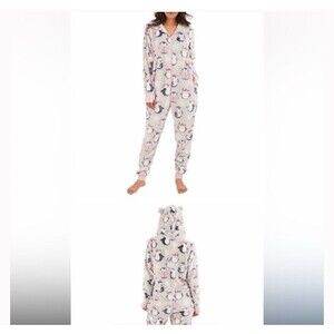 Munki Munki Ladies' Luxe Plush Hooded One Pc Pajama Penguin Gray/Pink Sz L